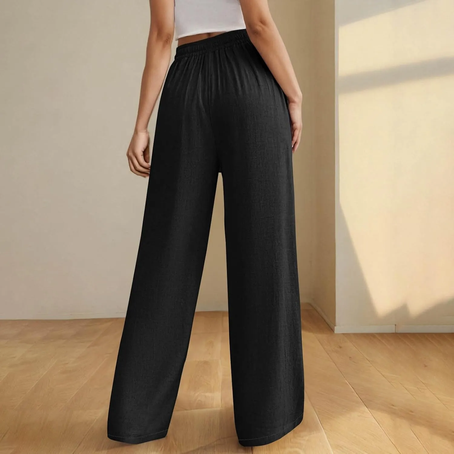 Womens Cotton Linen Wide Leg Pants Elastic High Waist Tie Knot Beach Casual Trousers Lightweight Straight Leg Pant