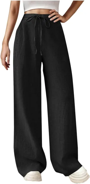 Womens Cotton Linen Wide Leg Pants Elastic High Waist Tie Knot Beach Casual Trousers Lightweight Straight Leg Pant