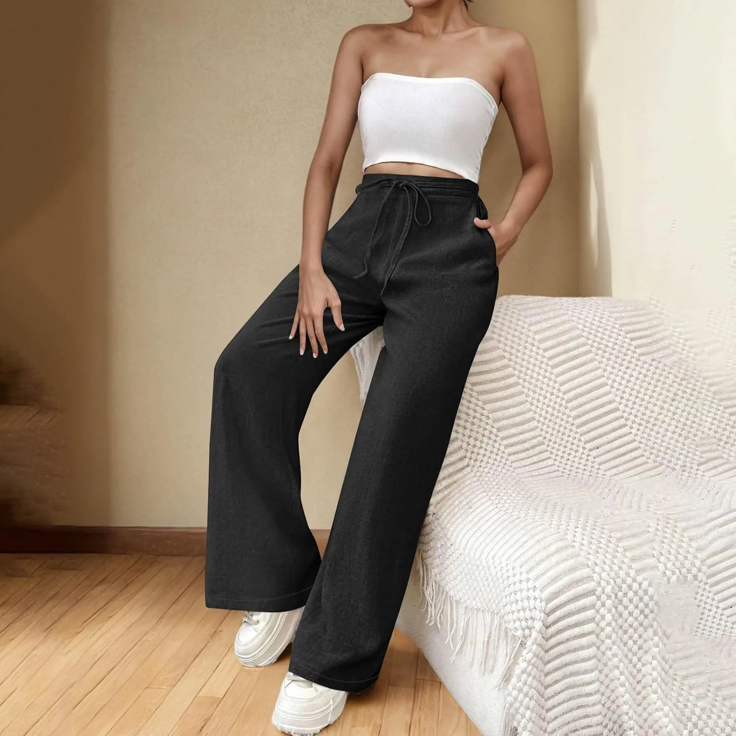 Womens Cotton Linen Wide Leg Pants Elastic High Waist Tie Knot Beach Casual Trousers Lightweight Straight Leg Pant