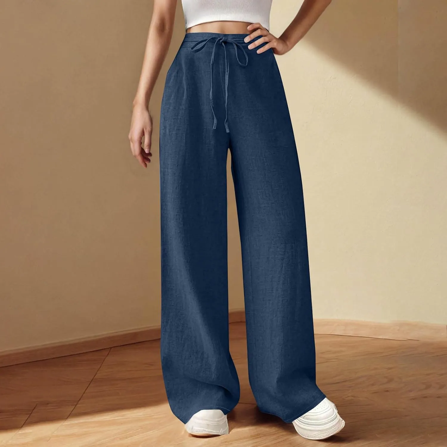 Womens Cotton Linen Wide Leg Pants Elastic High Waist Tie Knot Beach Casual Trousers Lightweight Straight Leg Pant