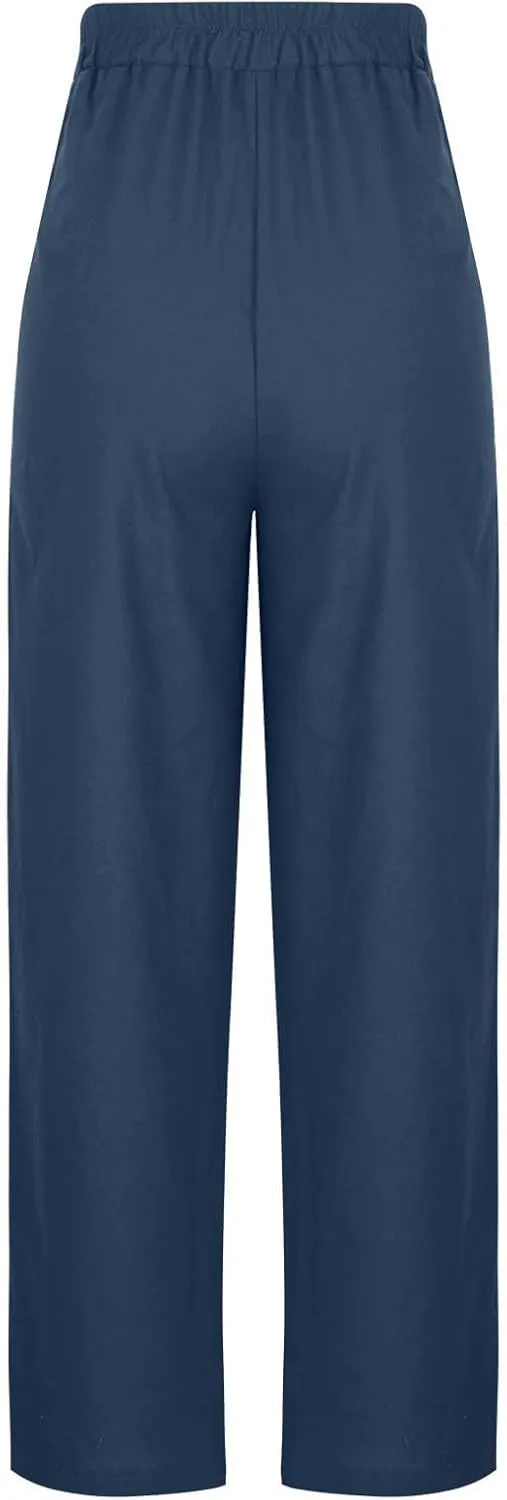 Womens Cotton Linen Wide Leg Pants Elastic High Waist Tie Knot Beach Casual Trousers Lightweight Straight Leg Pant