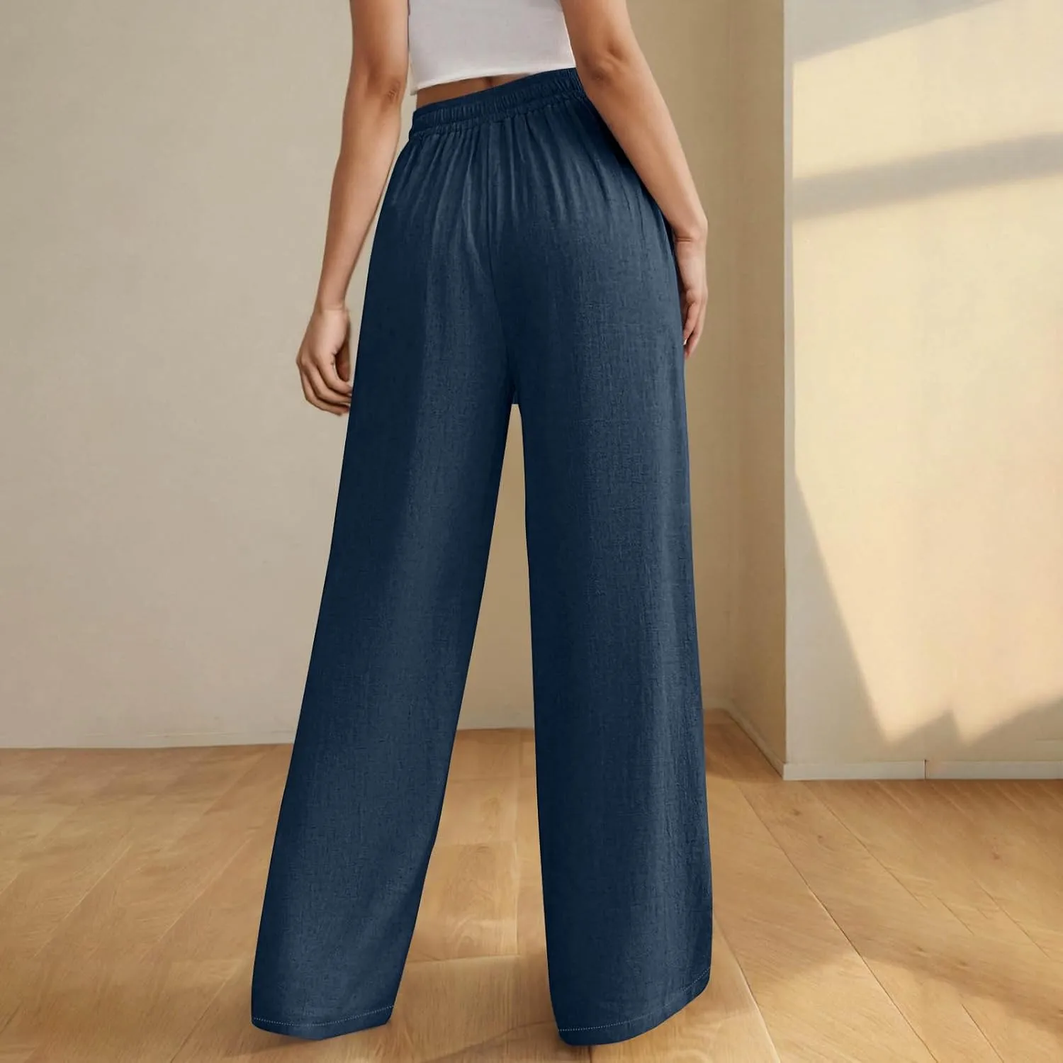 Womens Cotton Linen Wide Leg Pants Elastic High Waist Tie Knot Beach Casual Trousers Lightweight Straight Leg Pant