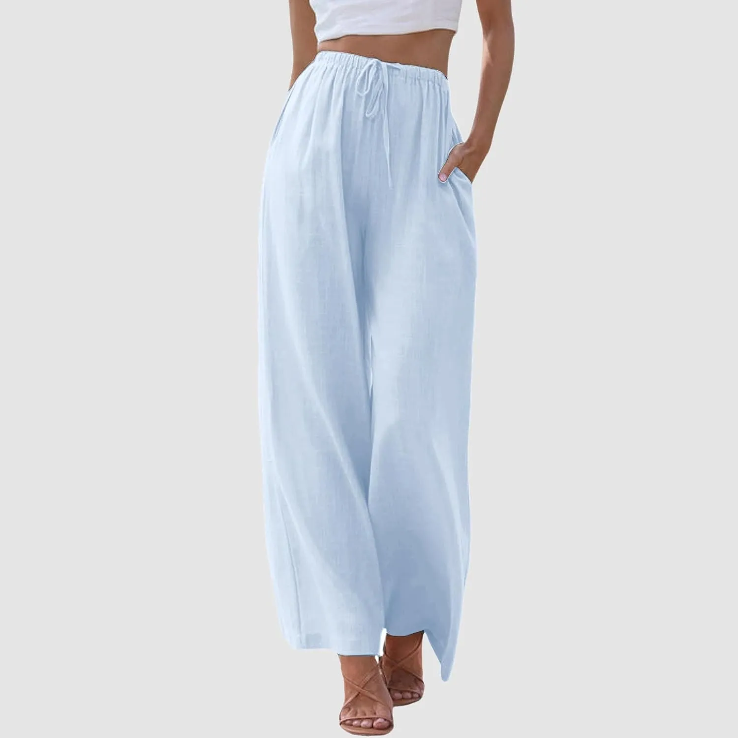 Womens Cotton Linen Wide Leg Pants Palazzo Flowy Pants Summer Elastic High Waist Beach Pants Comfy Pants with Pockets