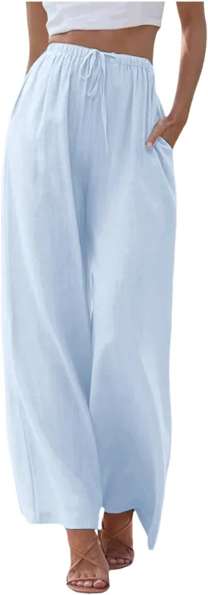 Womens Cotton Linen Wide Leg Pants Palazzo Flowy Pants Summer Elastic High Waist Beach Pants Comfy Pants with Pockets