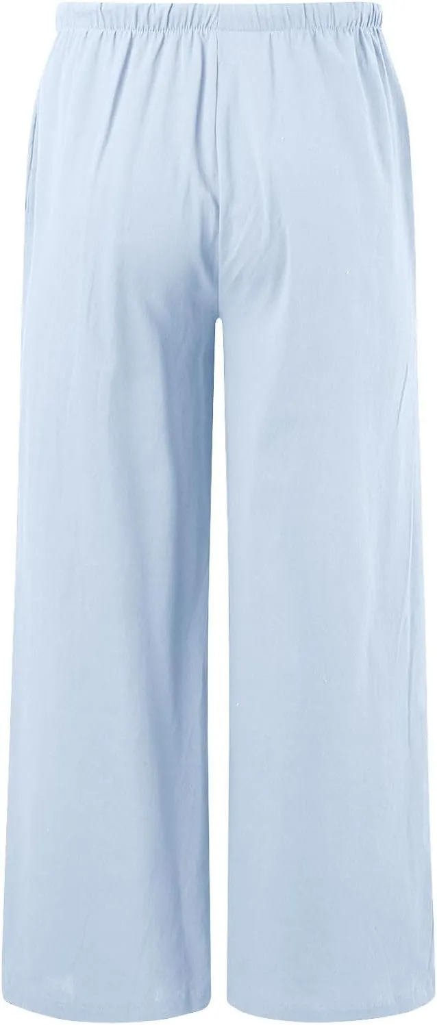 Womens Cotton Linen Wide Leg Pants Palazzo Flowy Pants Summer Elastic High Waist Beach Pants Comfy Pants with Pockets