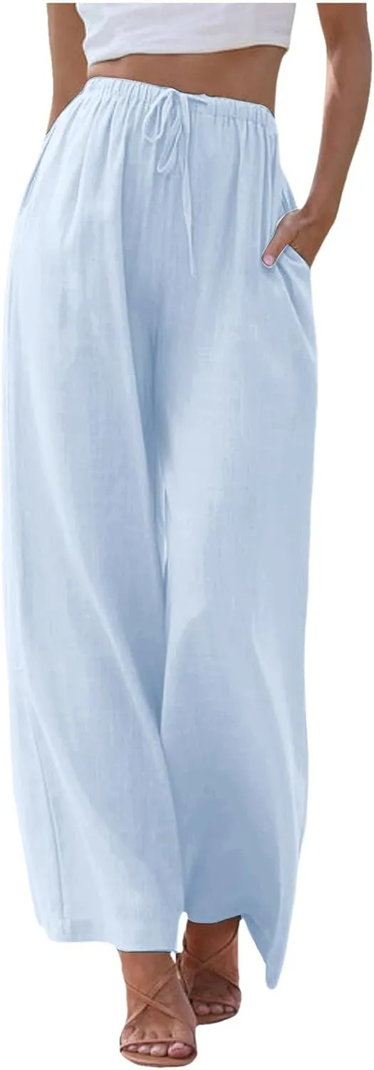 Womens Cotton Linen Wide Leg Pants Palazzo Flowy Pants Summer Elastic High Waist Beach Pants Comfy Pants with Pockets