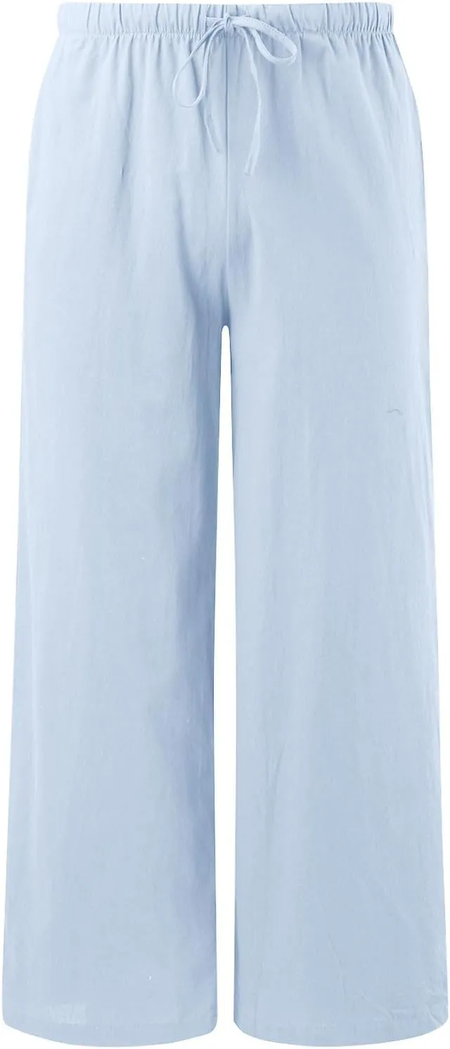 Womens Cotton Linen Wide Leg Pants Palazzo Flowy Pants Summer Elastic High Waist Beach Pants Comfy Pants with Pockets