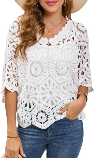 Women's Crochet Tops Boho Hollow Out V-Neck Pullover Lace Cove Up