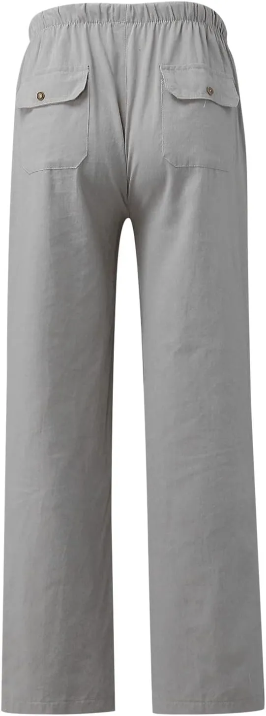Womens Dandelions Printing Casual Trousers Drawstring High Waist Straight Leg Pant Cotton Linen Trousers with Pockets (Grey, S)