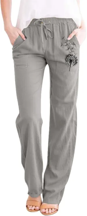 Womens Dandelions Printing Casual Trousers Drawstring High Waist Straight Leg Pant Cotton Linen Trousers with Pockets (Grey, S)