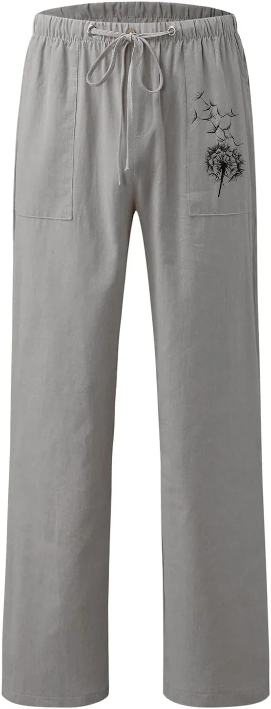 Womens Dandelions Printing Casual Trousers Drawstring High Waist Straight Leg Pant Cotton Linen Trousers with Pockets (Grey, S)
