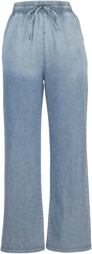 Womens Drawstring Stretch Jeans Wide Leg Straight Denim Pants Loose High Waist Casual Comfy Trouser with Pockets