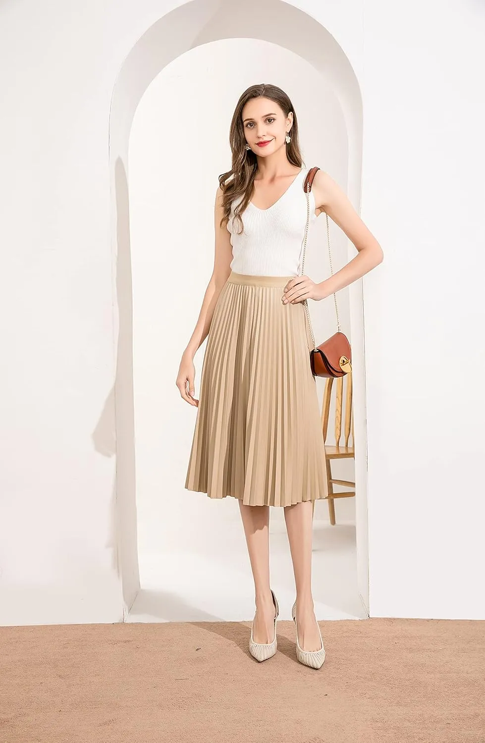Women's Elastic High-Waisted Leather Pleated Skirt Hides Zipper A-Line MIDI Pleather Skirts