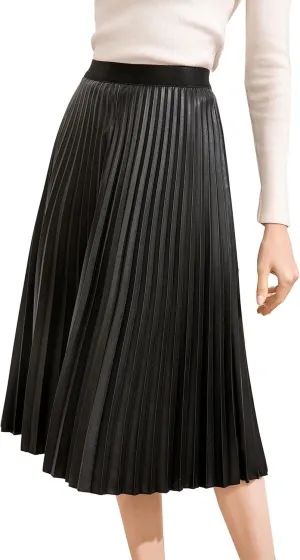 Women's Elastic High-Waisted Leather Pleated Skirt Hides Zipper A-Line MIDI Pleather Skirts