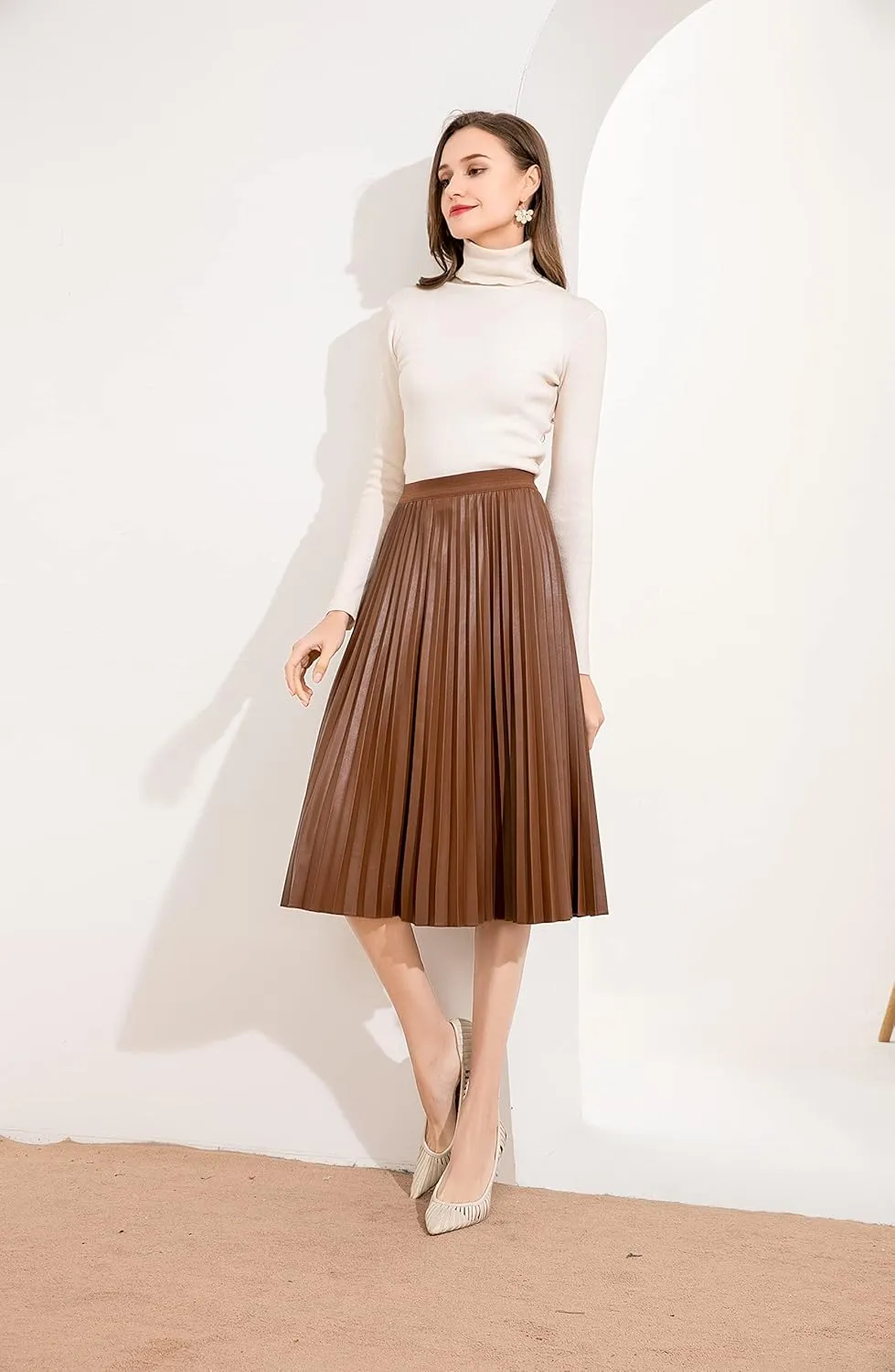 Women's Elastic High-Waisted Leather Pleated Skirt Hides Zipper A-Line MIDI Pleather Skirts