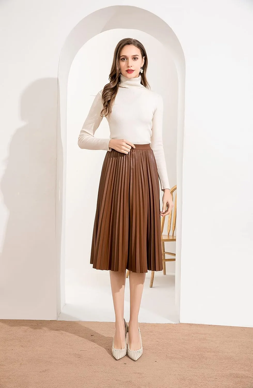 Women's Elastic High-Waisted Leather Pleated Skirt Hides Zipper A-Line MIDI Pleather Skirts