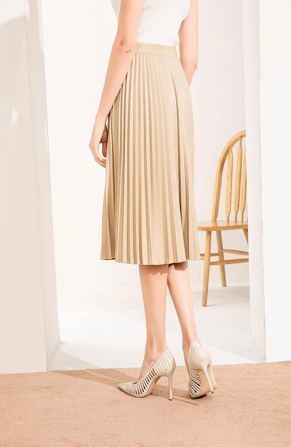Women's Elastic High-Waisted Leather Pleated Skirt Hides Zipper A-Line MIDI Pleather Skirts
