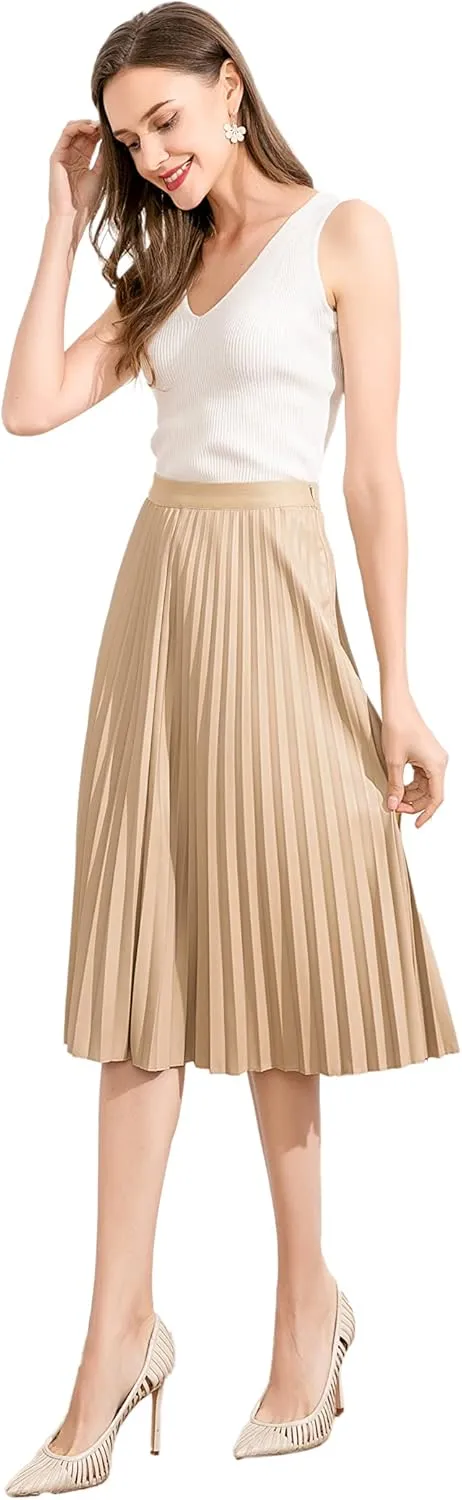 Women's Elastic High-Waisted Leather Pleated Skirt Hides Zipper A-Line MIDI Pleather Skirts
