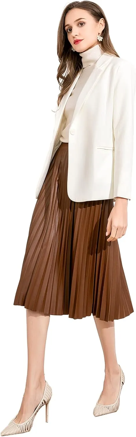 Women's Elastic High-Waisted Leather Pleated Skirt Hides Zipper A-Line MIDI Pleather Skirts