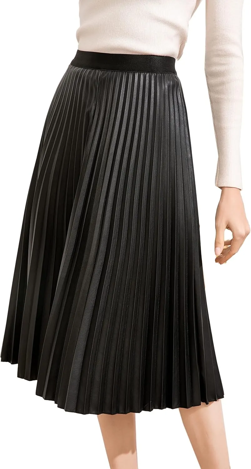 Women's Elastic High-Waisted Leather Pleated Skirt Hides Zipper A-Line MIDI Pleather Skirts