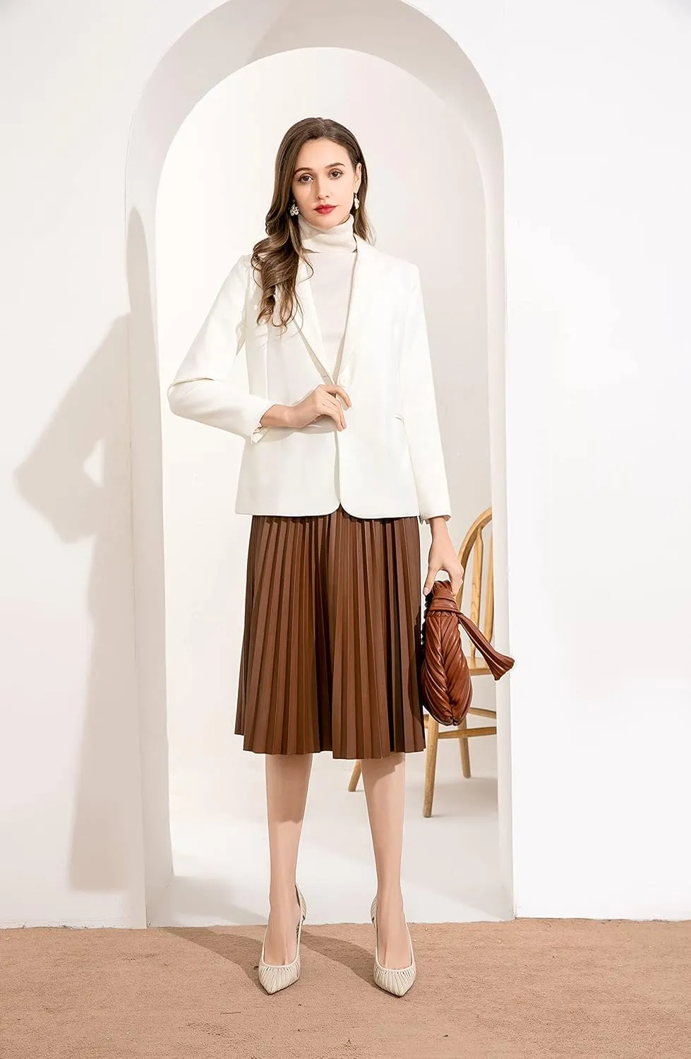 Women's Elastic High-Waisted Leather Pleated Skirt Hides Zipper A-Line MIDI Pleather Skirts