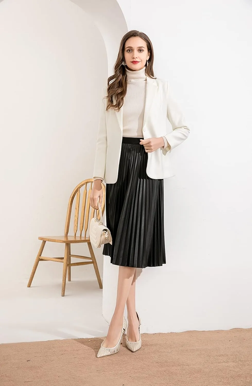 Women's Elastic High-Waisted Leather Pleated Skirt Hides Zipper A-Line MIDI Pleather Skirts