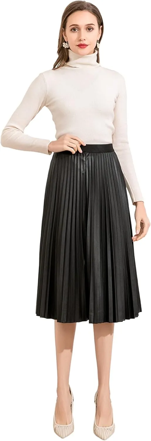 Women's Elastic High-Waisted Leather Pleated Skirt Hides Zipper A-Line MIDI Pleather Skirts