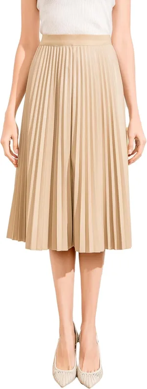Women's Elastic High-Waisted Leather Pleated Skirt Hides Zipper A-Line MIDI Pleather Skirts