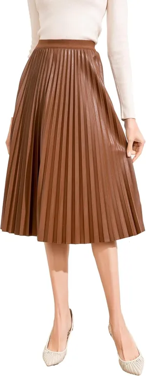 Women's Elastic High-Waisted Leather Pleated Skirt Hides Zipper A-Line MIDI Pleather Skirts
