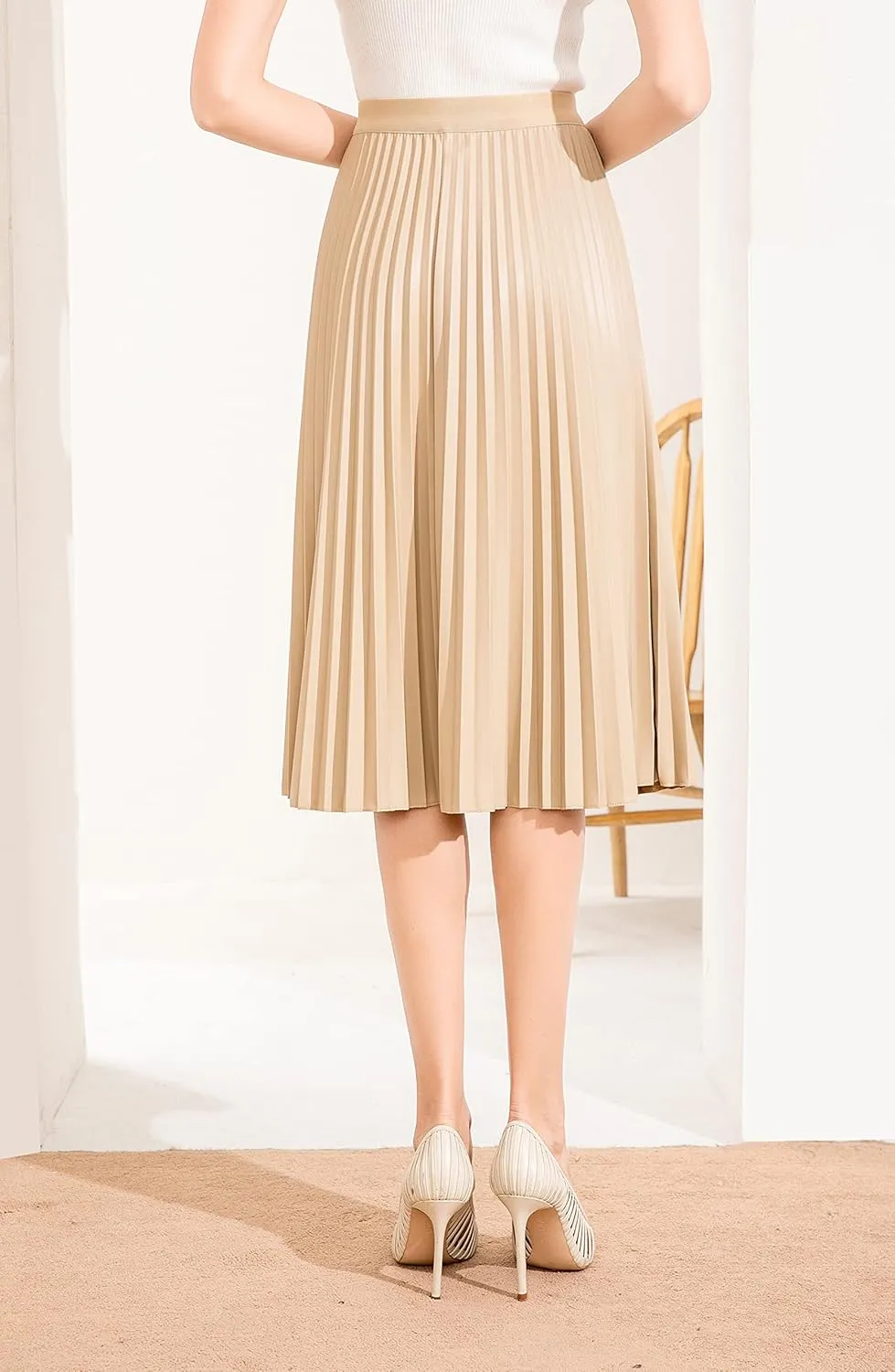 Women's Elastic High-Waisted Leather Pleated Skirt Hides Zipper A-Line MIDI Pleather Skirts
