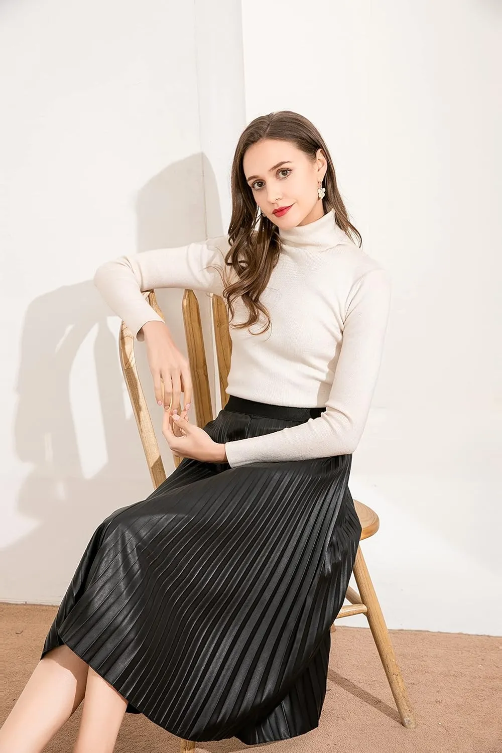 Women's Elastic High-Waisted Leather Pleated Skirt Hides Zipper A-Line MIDI Pleather Skirts