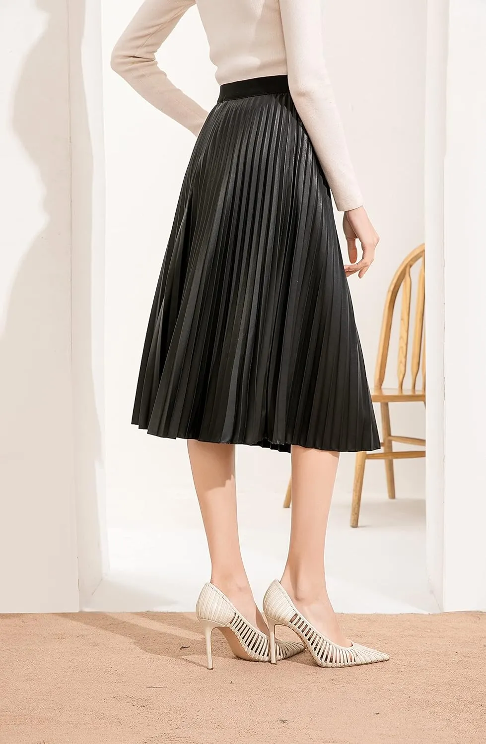 Women's Elastic High-Waisted Leather Pleated Skirt Hides Zipper A-Line MIDI Pleather Skirts