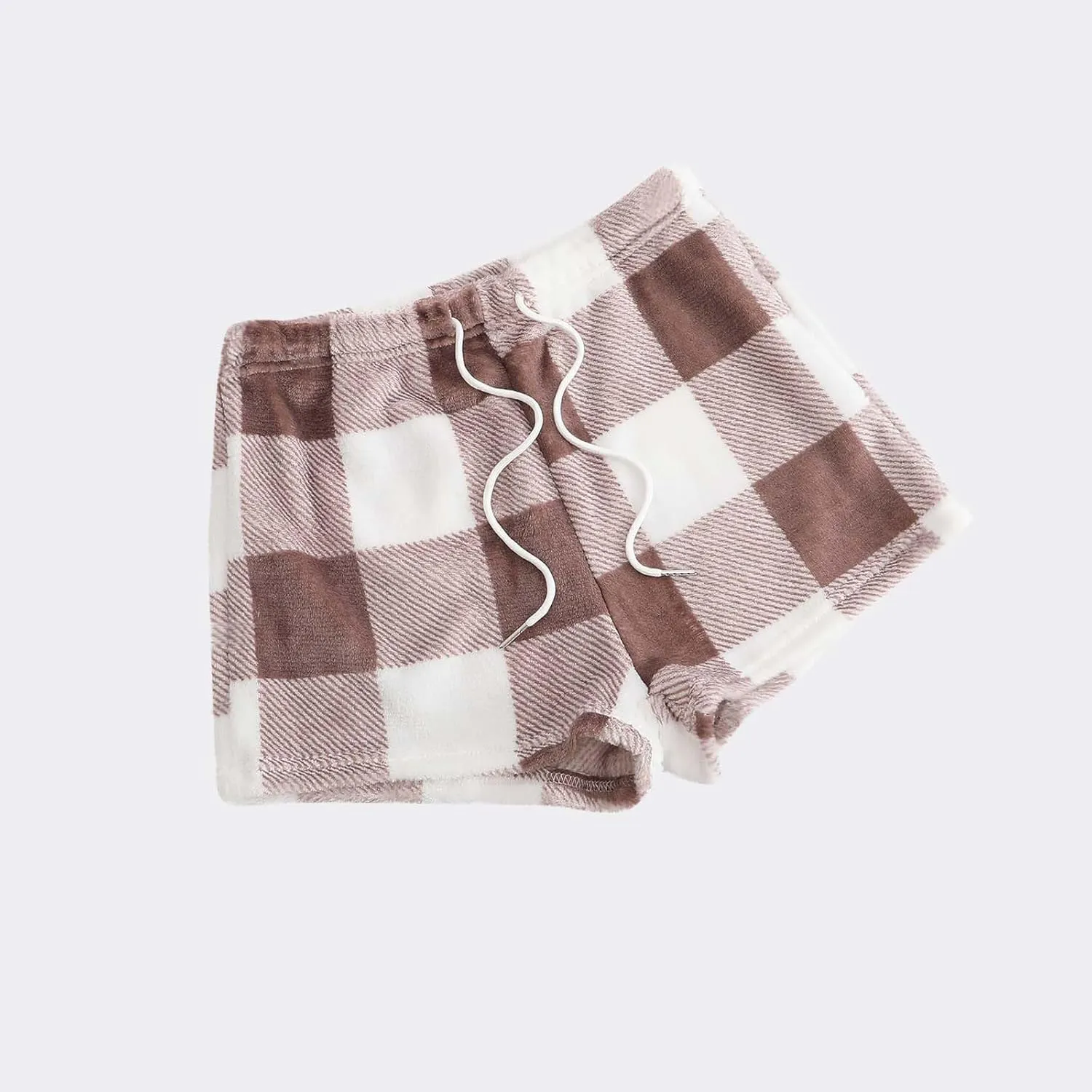 Women's Flannel Shorts Fashion Plaid Printed Lace up Waist Plush Sleepwear Bottoms Loose Casual Pajamas Short Pant