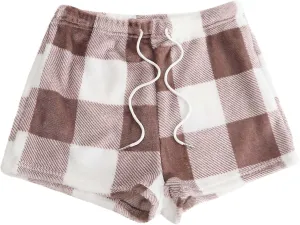 Women's Flannel Shorts Fashion Plaid Printed Lace up Waist Plush Sleepwear Bottoms Loose Casual Pajamas Short Pant
