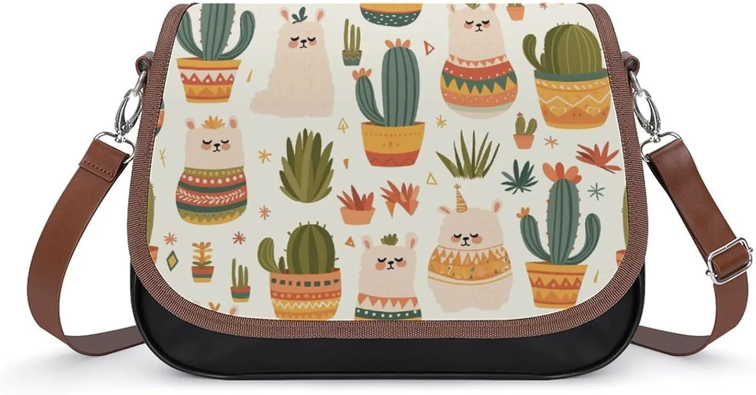 Women's Handbag Alpaca Cactus Patterns Satchel Bag Leather Crossbody Bag Waterproof Messenger Bag