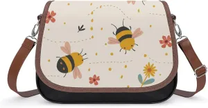 Women's Handbag Bees Flying Flowers Yellow Satchel Bag Leather Crossbody Bag Waterproof Messenger Bag