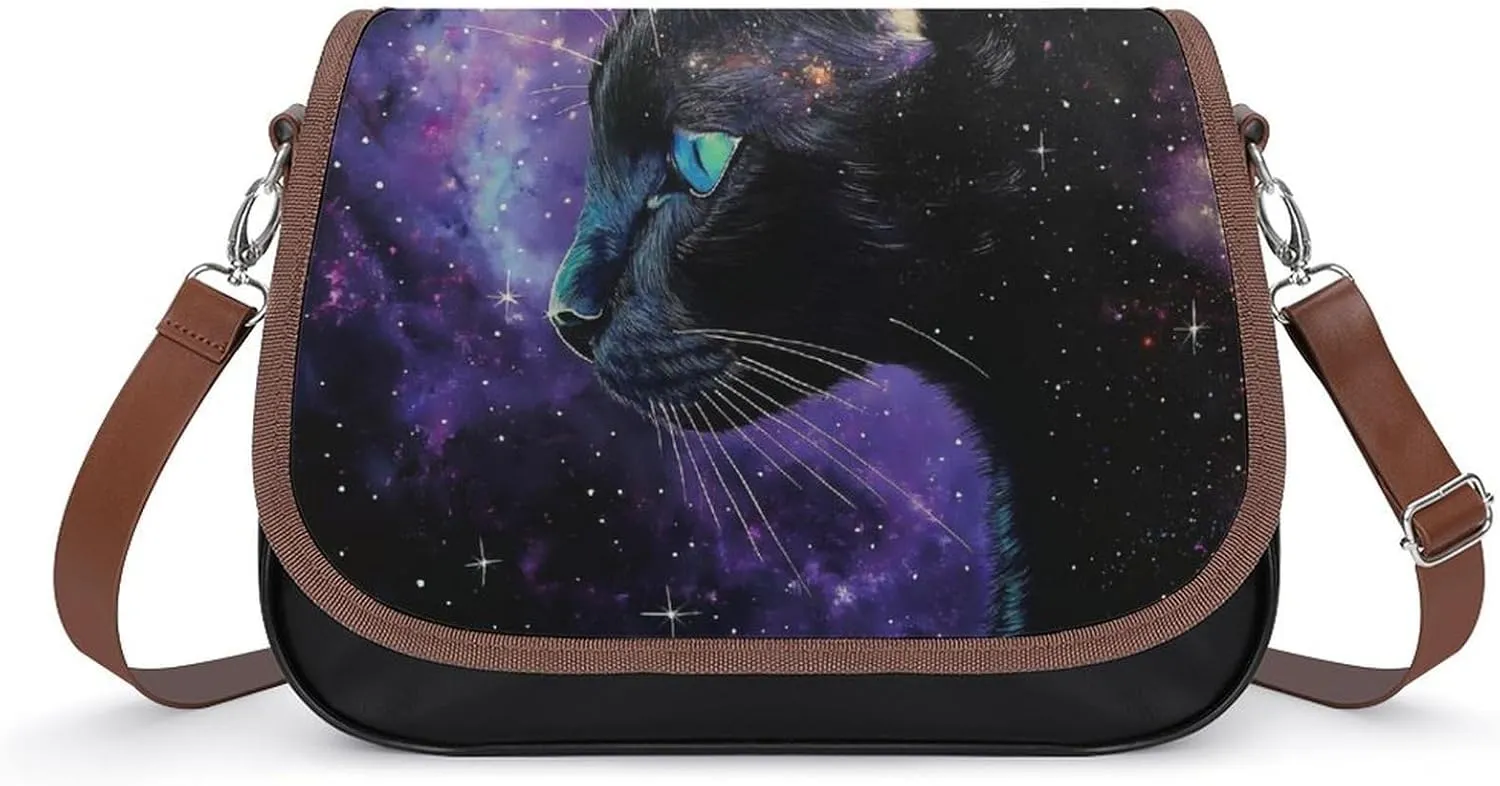 Women's Handbag Black Cat Galaxy Satchel Bag Leather Crossbody Bag Waterproof Messenger Bag