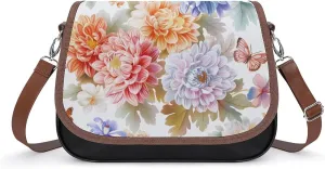 Women's Handbag Blossom Floral Pattern Colorful Butterfly Satchel Bag Leather Crossbody Bag Waterproof Messenger Bag