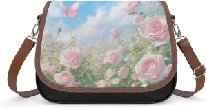 Women's Handbag Blossom Flowers Butterfly Satchel Bag Leather Crossbody Bag Waterproof Messenger Bag