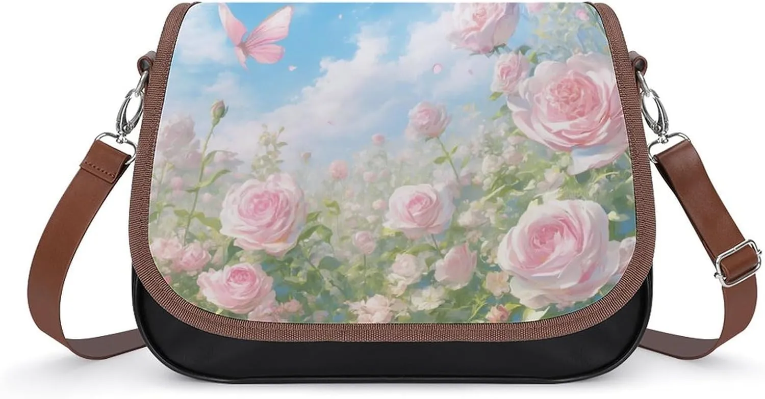 Women's Handbag Blossom Flowers Butterfly Satchel Bag Leather Crossbody Bag Waterproof Messenger Bag