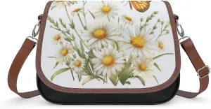 Women's Handbag Butterflies Daisies Flowers Satchel Bag Leather Crossbody Bag Waterproof Messenger Bag