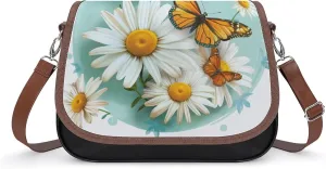Women's Handbag Butterflies Daisies Flowers Satchel Bag Leather Crossbody Bag Waterproof Messenger Bag