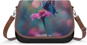 Women's Handbag Butterfly Blue Tiger On Pink Flower Satchel Bag Leather Crossbody Bag Waterproof Messenger Bag