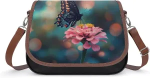 Women's Handbag Butterfly Blue Tiger On Pink Flower Satchel Bag Leather Crossbody Bag Waterproof Messenger Bag
