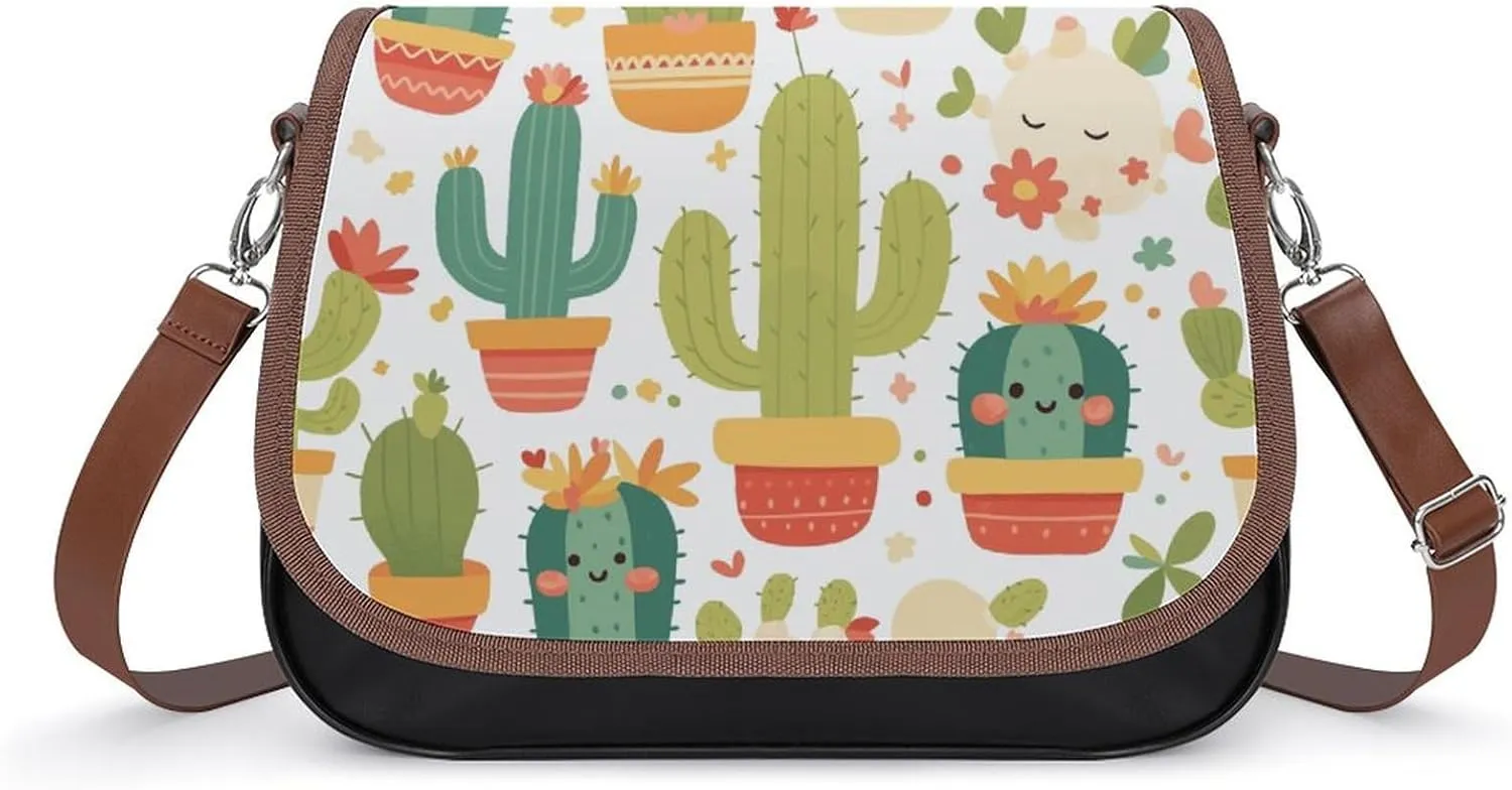 Women's Handbag Cactus Green Cacti Pattern Satchel Bag Leather Crossbody Bag Waterproof Messenger Bag
