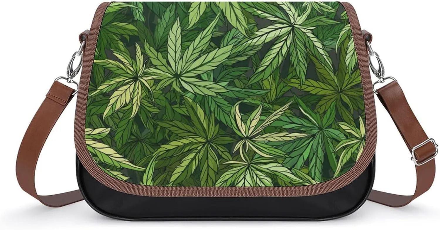 Women's Handbag Cannabis Leaves Patterns Satchel Bag Leather Crossbody Bag Waterproof Messenger Bag