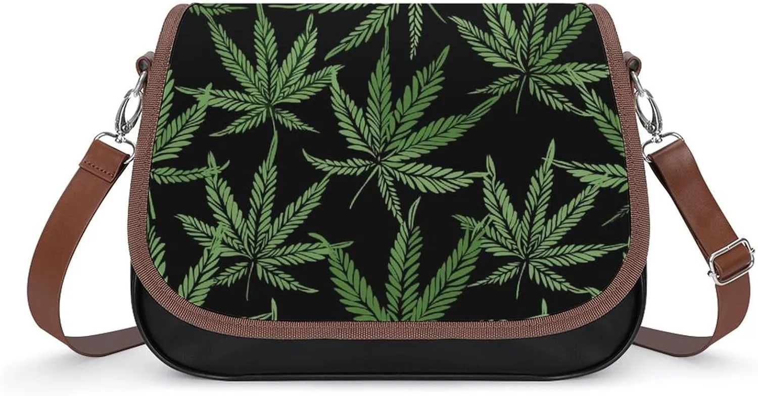 Women's Handbag Cannabis Leaves Patterns Satchel Bag Leather Crossbody Bag Waterproof Messenger Bag