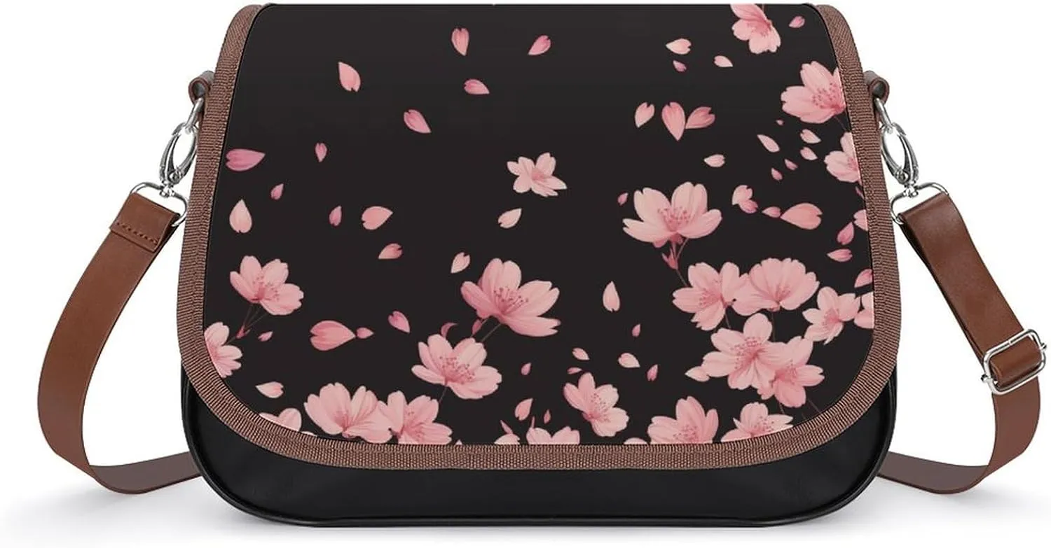 Women's Handbag Cherry Blossoms Pink Petals Satchel Bag Leather Crossbody Bag Waterproof Messenger Bag