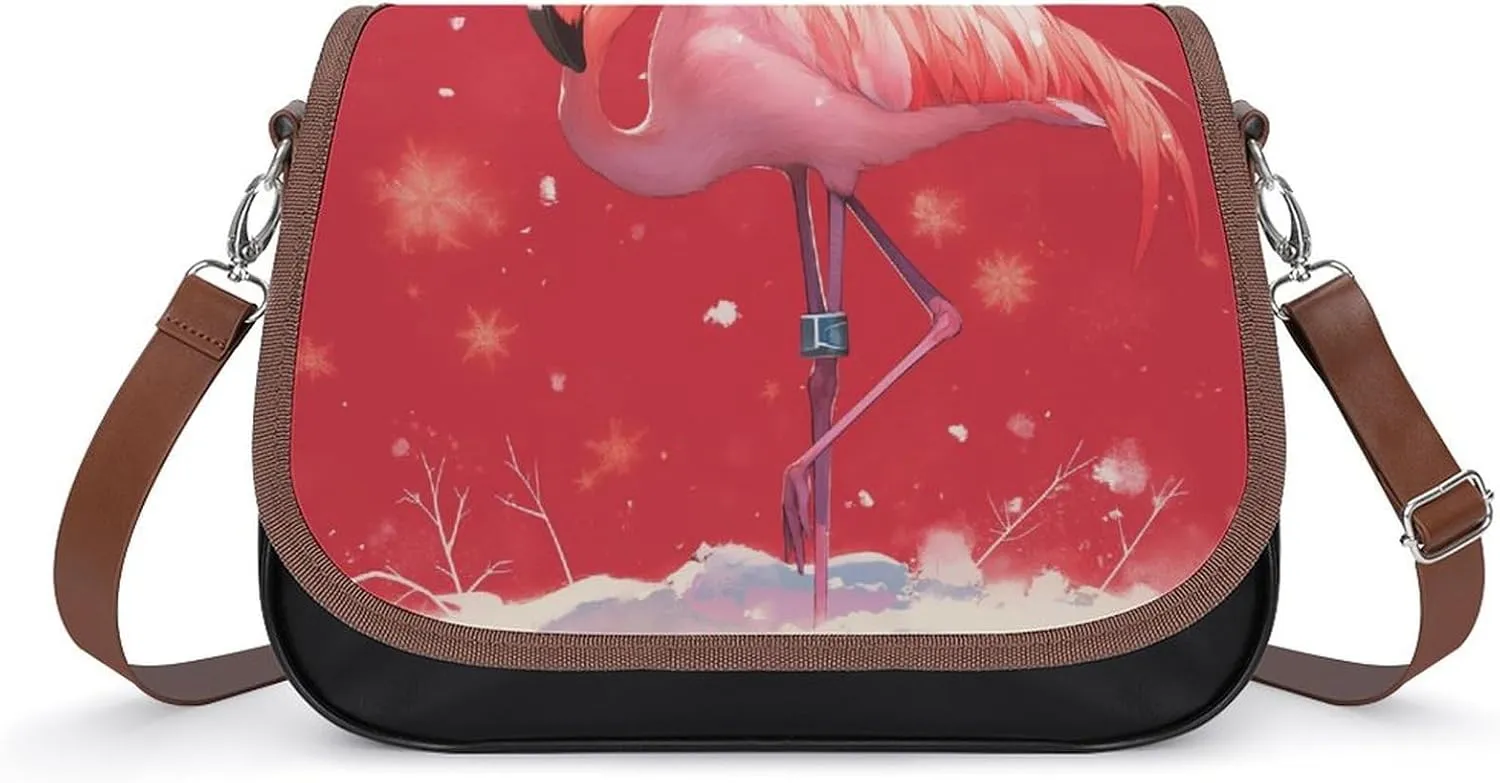 Women's Handbag Christmas Pink Flamingo Satchel Bag Leather Crossbody Bag Waterproof Messenger Bag