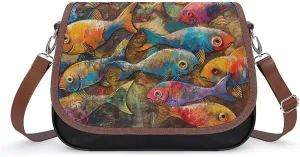 Women's Handbag Colorful Fish Patterns Satchel Bag Leather Crossbody Bag Waterproof Messenger Bag